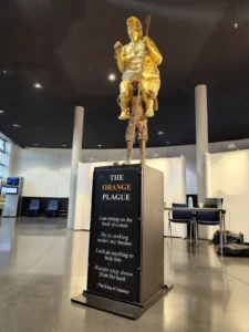 Jens Galschiøt’s sculpture The Orange Plague on display at the European Parliament in Strasbourg