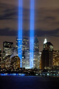New York 911 anniversary with twin tower light beams