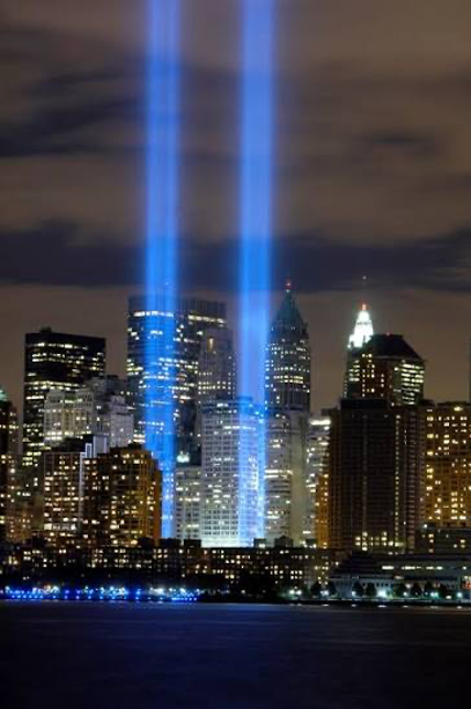 New York 911 anniversary with twin tower light beams