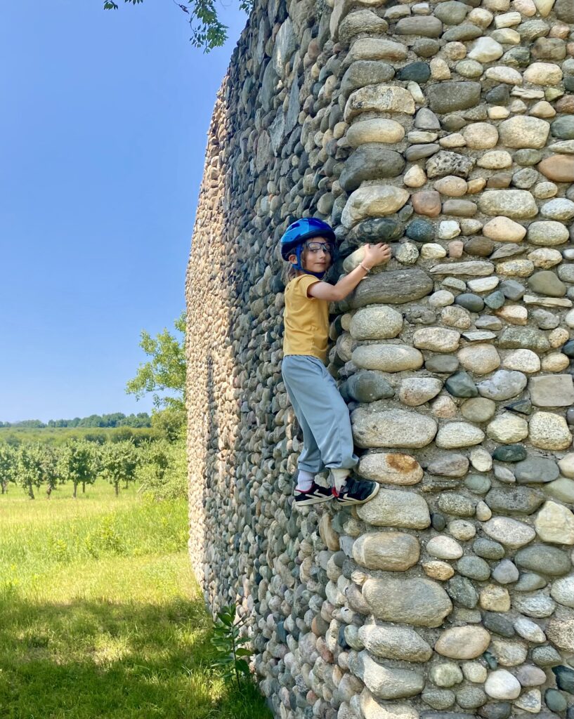 grandson climbing a rock wall